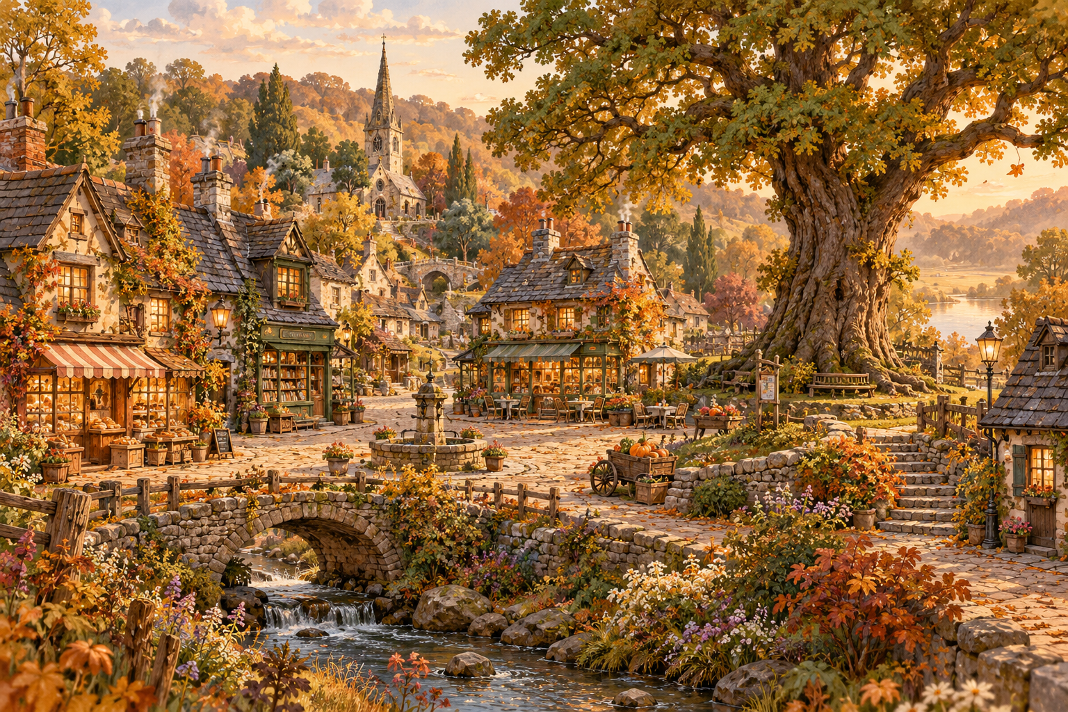 Oakwood Hill in warm autumn light, with village cottages, a stone bridge and the ancient Old Oak beside the square.